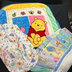 Vintage 90s Winnie the Pooh Baby Blanket with dust ruffle and diaper holder